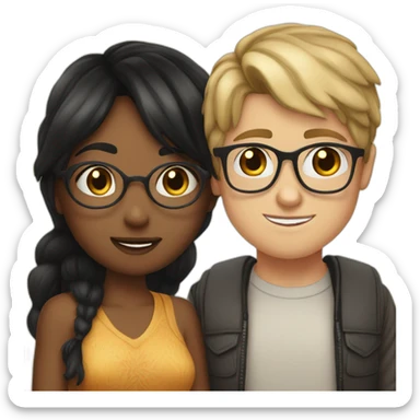 White girl without glasses and with dark hair and indian boy with black hair and glasses kiss cheek sticker
