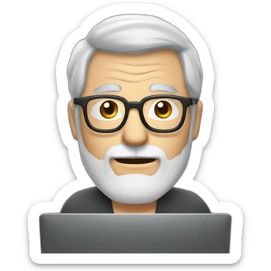 old man with grey hair and beard and glasses sitting at a desktop with computer sticker