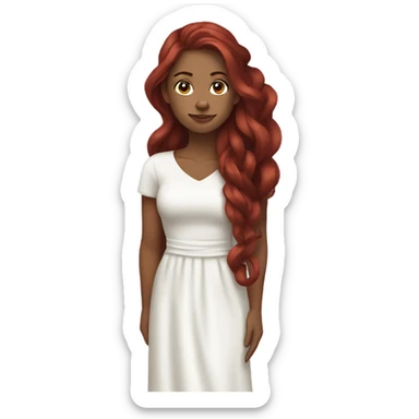 30-something woman with long, dark red hair coiled up on her head, wearing a white dress sticker