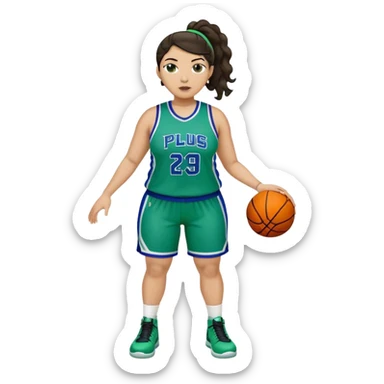 full body plus size light skin latino women basketball player with wavy dark hair in pony tail wide nose wearing blue with green uniform sticker