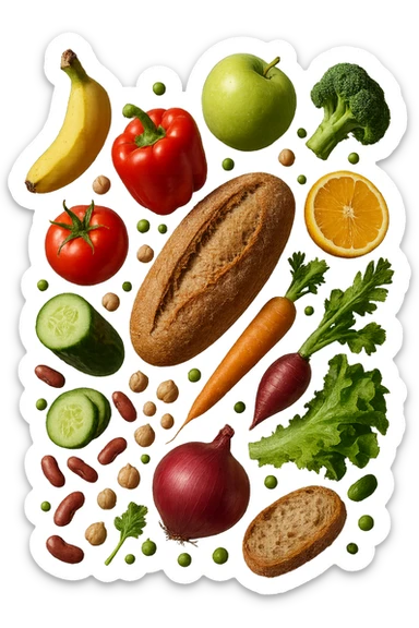 FRUTTA, PANE, LEGUMI E VERDURE CRUDE FLUTTUANO IN ARIA, IPERREALISTICA 4K sticker