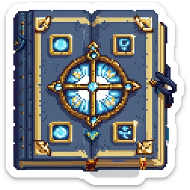 pixel art style enchantment book, open, sparkling runes, blue and gold accents sticker