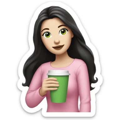 pretty woman with pale skin, very long black hair and green eyes and light pink outfit holding a pink coffee cup sticker