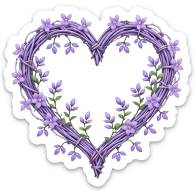 heart shape made out of barb wire vines with pastel lavenders and lilacs adorning the border with crystals hanging  sticker