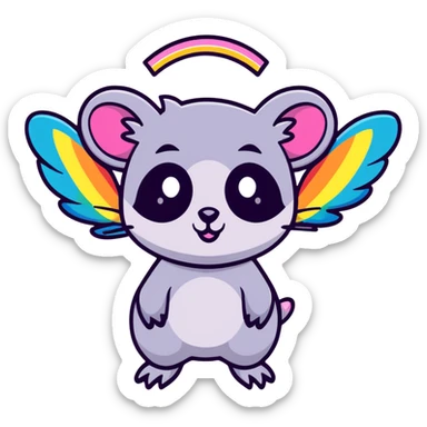 colorful possum with rainbow wings, sparkly halo, lots of glitter sticker