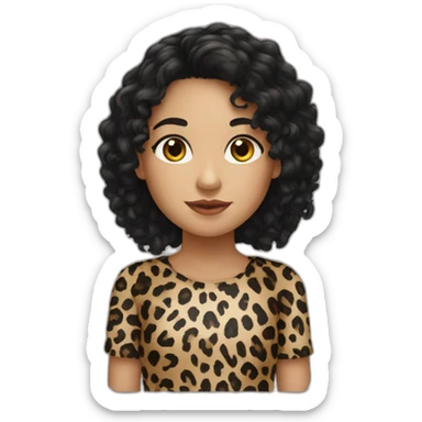 European curly long blackhair girl in leopard sticker