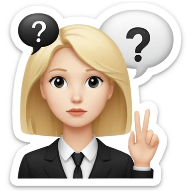blonde haired white woman in a black formal suit with a white speech bubble containing a black question mark next to her head sticker