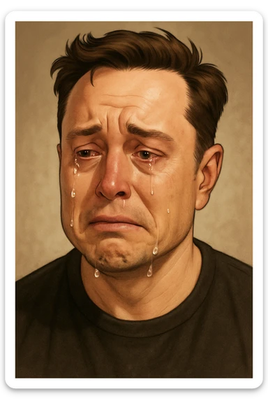 realistic cartoon style portrait of Elon Musk crying, detailed, emotional expression sticker