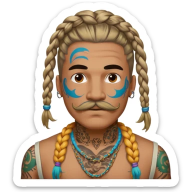 big lose braids starting from the top sides of the head man with mustache face wiith big visible loose only two braids and lots and lots of colored face tattoos colored tattoos like a tattoo artist hair unique color sticker