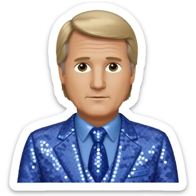 Jeff Daniels with dark blonde hair, periwinkle sequin suit sticker