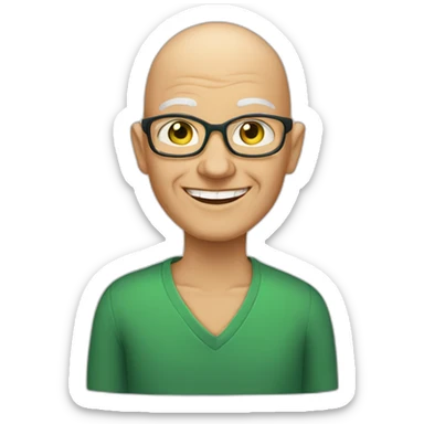 50 year teacher with smiling face and no hair, intelligent strong green eyes, sticker