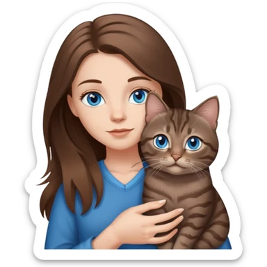 White girl with blue eyes and long brown hair, holding a small dark gray tabby cat sticker