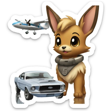 Eevee standing next to a ford mustang 67 in the background there is the Earth with a small Airplane   sticker