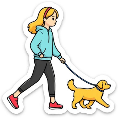 Beautiful girl walking a golden retriever dog sticker