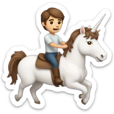 A brown hair guy riding a unicorn that has paper in its mouth sticker