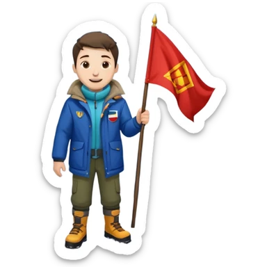 a joyful guy on a mountain summit with a flag, snow at his feet sticker
