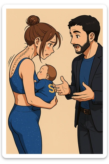 ispirati a questo stile di disegno e fai questa immagine in versione manga/webtoon a colori, il manga mostra la donna preoccupata di profilo con la postura sbagliata e incurvata, spalle chiuse e curve in avanti, con un neonato in braccio con una tutina azzurra e la scritta "S" sulla schiena, spina dorsale storta della donna in evidenza mentre ascolta l'uomo mentre l'uomo gli sta spiegando una cosa, ma non fare i fumetti, fai come se stessero parlando sticker