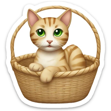 Beige tabby cat with green eyes sitting in a basket sticker
