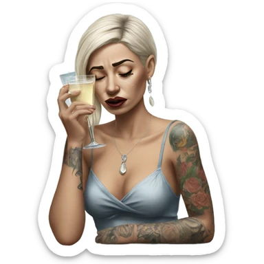 Hyper Realistic Beautiful tattooed woman crying sadly holding champagne  sticker
