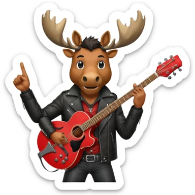 A man with a moose head in alaska pointing a red guitar directly up in the air. Make the graphics gritty and realistic like the moose man is a villian in a high budget batman movie. sticker