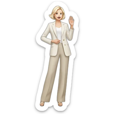 Full height Actively gesturing with hands pale skin woman with ash blonde Straightened bob Hair, White Spacious classical jacket, beige palazzo Arrow pants and gray blouse sticker