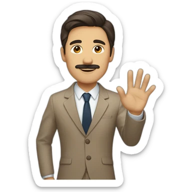 Man with light brown suit, dark hair and small mustache. He is waving sticker