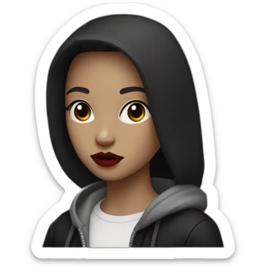 Tiny White girl lightly tanned with short hair black eyes and black hair wearing black messa hoodie like alyx Vance and red lipstick sticker