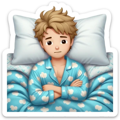 Adorable sleepy boyfriend with messy bed hair, pajama shirt slightly open, cuddling a pillow, cozy blanket, soft lighting sticker
