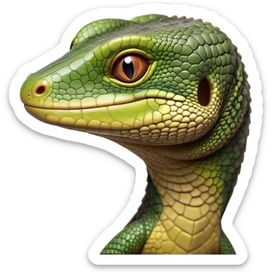 Cinematic Realistic Cute Monitor Lizard Portrait Emoji, Head tilted playfully and inquisitively, featuring a compact, agile body with finely detailed, glossy scales in earthy olive hues and a distinct, alert face with bright, curious eyes, rendered with lifelike natural highlights, high shine, affectionate and spirited, styled with a touch of rugged whimsy, soft glowing outline, capturing the essence of a mischievous yet lovable monitor lizard that seems poised to scurry playfully into your arms! sticker