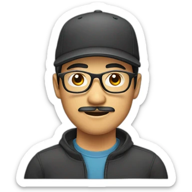 asian male with cap and glasses and moustache sticker