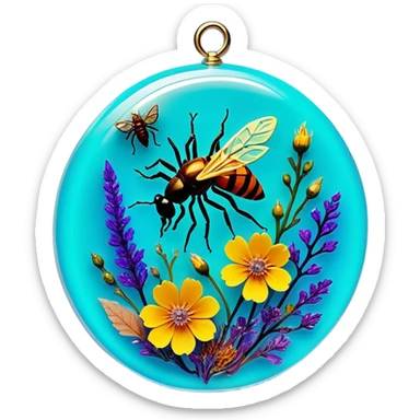 Epoxy resin art icon, jewelry and decorative items made with fluorescent epoxy resin, glowing effect on the resin, finished resin jewelry with dried flowers and insects embedded inside, visible tubes of resin with bright colors, mixing tools, and molds, minimalistic style, clean lines, transparent background sticker