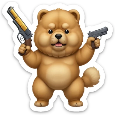 Funny cartoon-style chow chow dog with light fur standing on its hind legs and holding a gun menacingly sticker