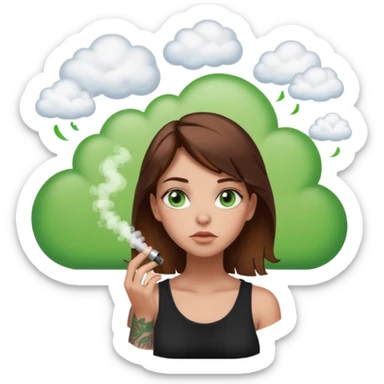 girl with brown hair and green eyes and tattoos thinking about a vape in a thought cloud sticker