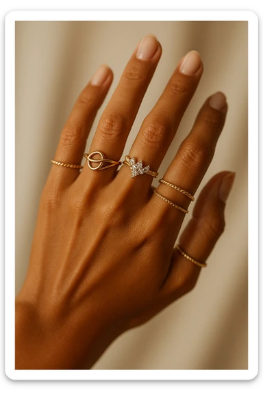 a beautiful tanned woman's hand with many rings, focus on the hand, elegant, jewelry details sticker