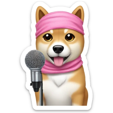 I want a potcat microphone but it has the ears of a shiba dog with a pink bandana in the area of ​​the microphone stand sticker