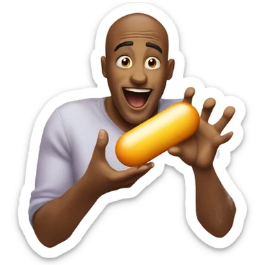 A super excited man looking at a giant pill that he is holding with two hands.he is super excited to eat the pill sticker