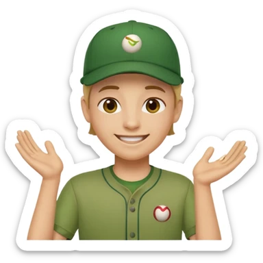 gender neutral person, chest up, green shirt, baseball hat, friendly expression, emoji style sticker