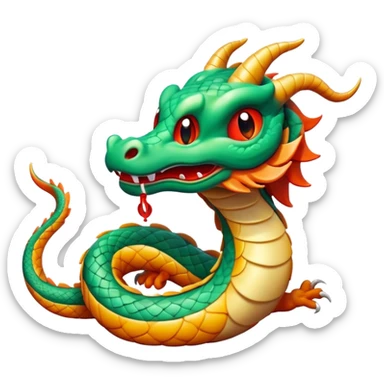 Cinematic Comical Chinese Serpent Dragon Portrait Emoji, Head tilted dramatically with an exaggeratedly amused expression, featuring a sleek, serpentine form adorned in luminous jade and vermilion scales interlaced with playful cloud and water accents; rendered with vibrant, lifelike textures and dynamic natural shadows, high shine, playful yet wise, styled with an air of cheeky ancient mystique, soft glowing outline, capturing the essence of a spirited and humorously enigmatic celestial dragon that looks ready to spiral into legendary lore! sticker