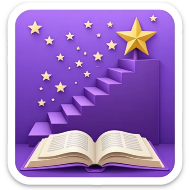 Minimal purple icon: an open book turning into a rising staircase with a star on top. Flat design. sticker