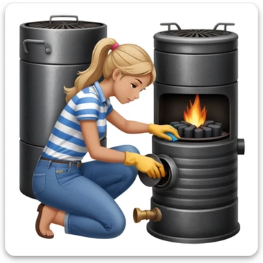 Metal cylindrical coal stove with a girl cleaning it while kneeling, seen from behind, wearing jeans and a striped shirt sticker
