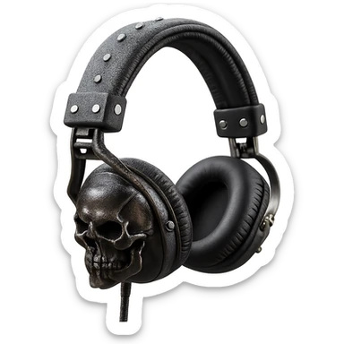 Remove the background, keep only the realistic black gothic headphones with sculpted skulls, leather texture, and silver studs, photorealistic style, with no background. sticker