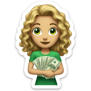 a fair toned girl with wavy hair and green eyes holding a stack of money  sticker