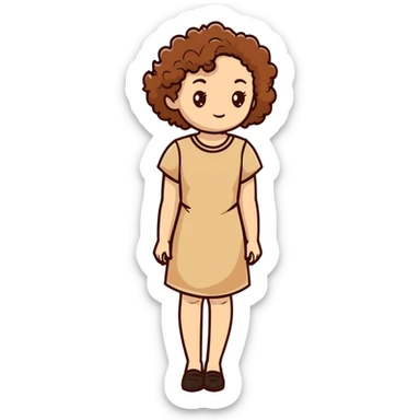 white woman with curly brown hair wearing a beige dress sticker
