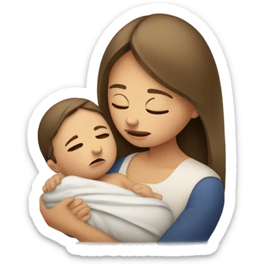 European sad mother with newborn sticker