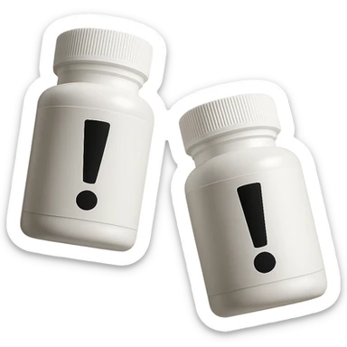 DUE BOCCETTE DI INTEGRATORI BIANCHE CON PUNTO ESCLAMATIVO NERO SULL'ETICHETTA FLUTTUANO IN ARIA, IPERREALISTICA 4K sticker