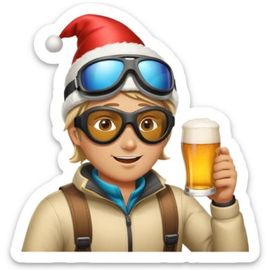 After-ski, a skier, wearing modern skiing goggles, drinking beer. Party sticker
