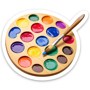 Cinematic Realistic image of a vibrant paint palette and brush, featuring a wooden palette smeared with an array of richly blended colors and a finely detailed brush with soft, delicate bristles, set against a softly textured background that evokes artistic inspiration sticker
