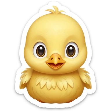 Cute baby chick named Lex, smiling with big shiny eyes, soft yellow feathers, round head, very adorable emoji style sticker