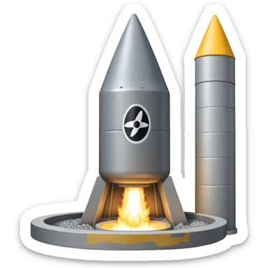 grey missile silo hatch open, and the top two thirds of a white nuclear missile launching out of the silo is shown sticker