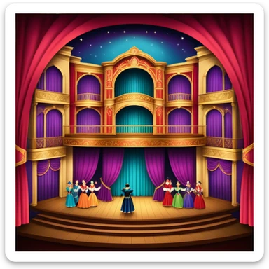 An icon showing a grand theater stage with actors performing in a vibrant play, surrounded by dramatic lighting. The audience watches from colorful balconies, adding to the lively atmosphere. The design captures the magic of live theater, set against a transparent background. sticker